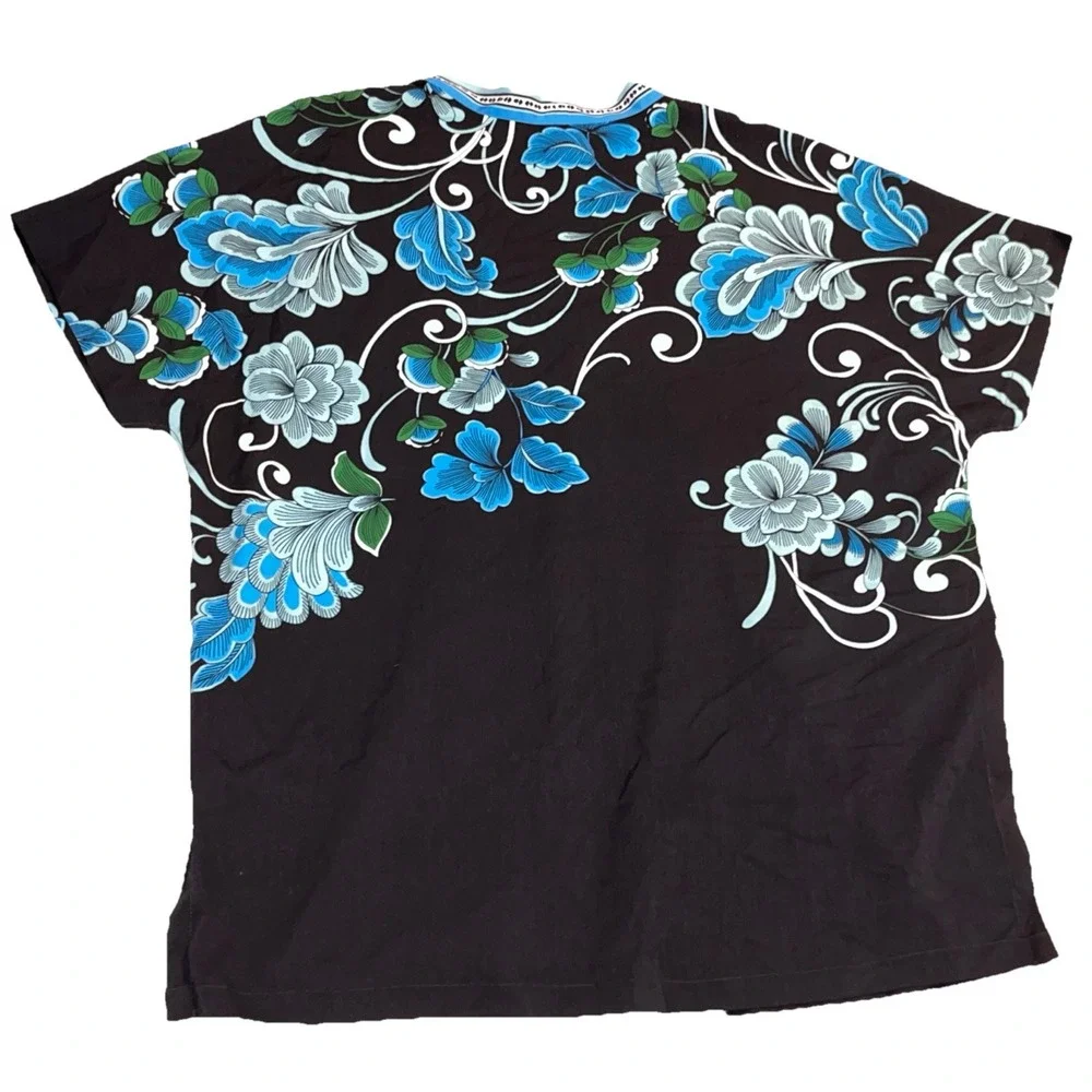 Chicos Small Women's Black Blue Floral Kimono Bathing Suit Cover Robe